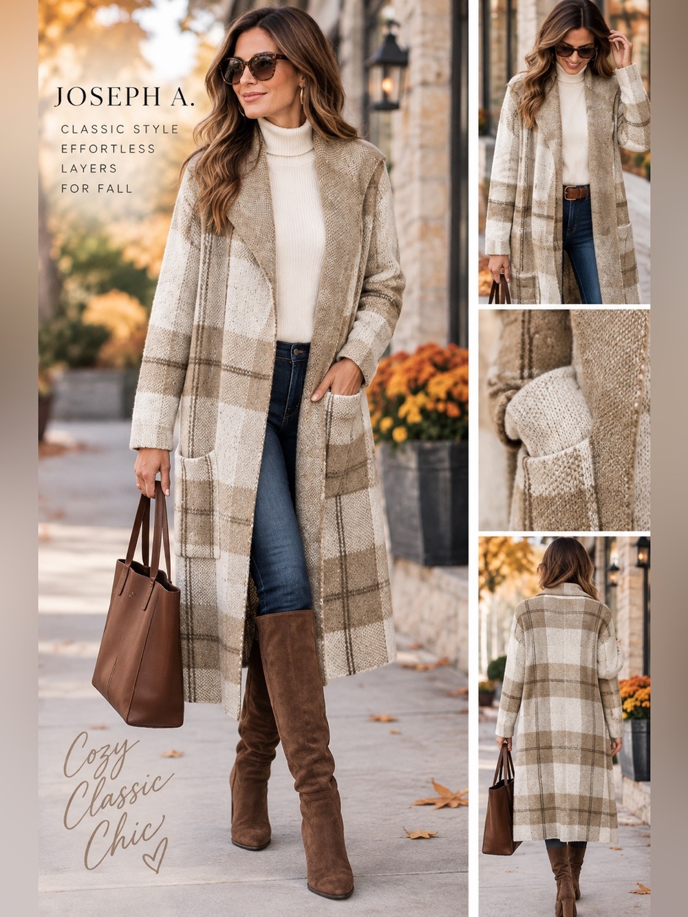 Joseph A. Neutral Plaid Long Cardigan Duster Size Large